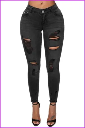 Stylish High Waist Pencil Ripped Black Jeans DA123