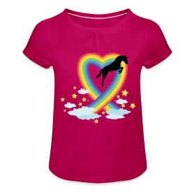 T-shirt à fronces au col Fille "Licorne et Cœur en arc-en-ciel"