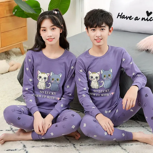 Teens Pajamas Long Sleeve Cotton Pyjamas Kids Clothes Sets Cartoon Big Boy Sleepwear Cute Pajamas For Girls 10 12 14 16 18 Years