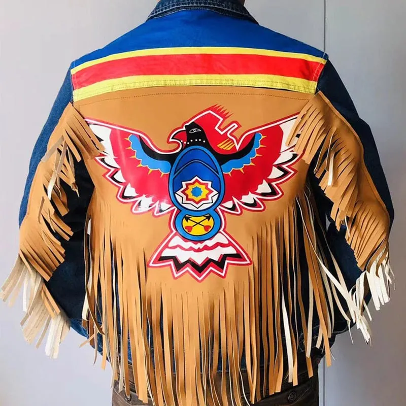 Thunderbird Print Jean Jacket Tan Vegan Leather Fringe With Fringed Sleeves Denim Coat With Colorful Eagle On Back Available In Sizes Small Medium Large XL And Plus Size 2X XXL