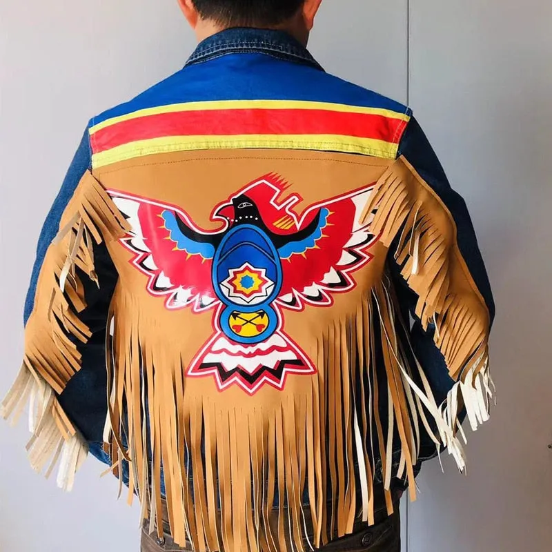 Thunderbird Print Jean Jacket Tan Vegan Leather Fringe With Fringed Sleeves Denim Coat With Colorful Eagle On Back Available In Sizes Small Medium Large XL And Plus Size 2X XXL