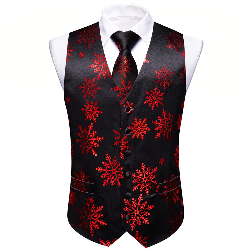 Ties2you Mens Silk Waistcoat Black Red Tree Snow Christmas Vest Necktie Set