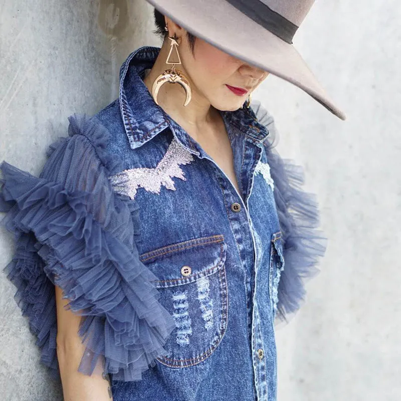 Total Look Tulle Lace Denim Jacket