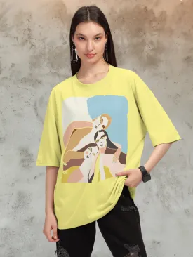 Trendy Yellow Printed Oversized T-shirt for Women