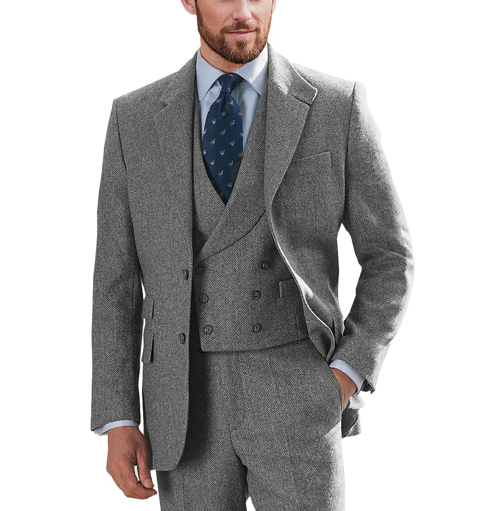 Vintage Classical 3 Piece Mens Suit Herringbone Notch Lapel Blazer (Blazer Vest Pants)