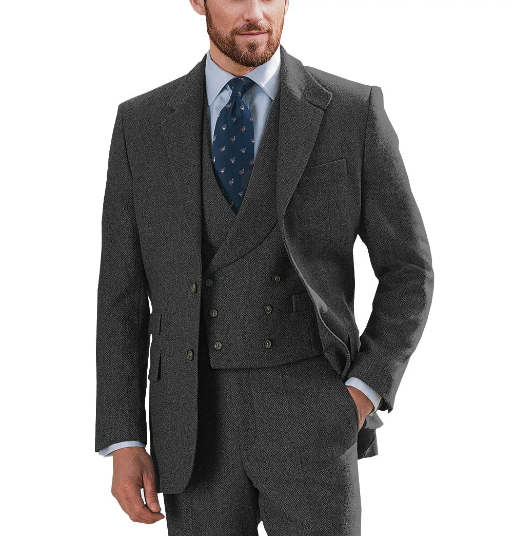 Vintage Classical 3 Piece Mens Suit Herringbone Notch Lapel Blazer (Blazer Vest Pants)