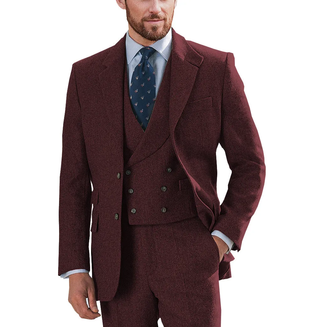 Vintage Classical 3 Piece Mens Suit Herringbone Notch Lapel Blazer (Blazer Vest Pants)