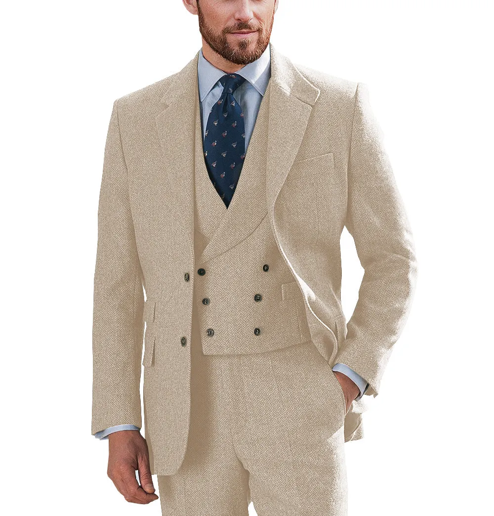 Vintage Classical 3 Piece Mens Suit Herringbone Notch Lapel Blazer (Blazer Vest Pants)