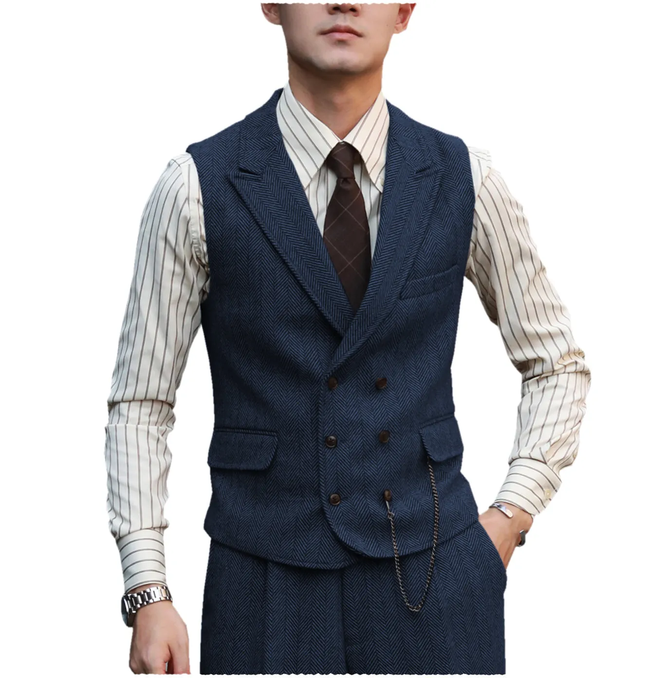 Vintage Classical Men's 2 Piece Suit Herringbone Peak Lapel Tuxedos (Vest Pants)