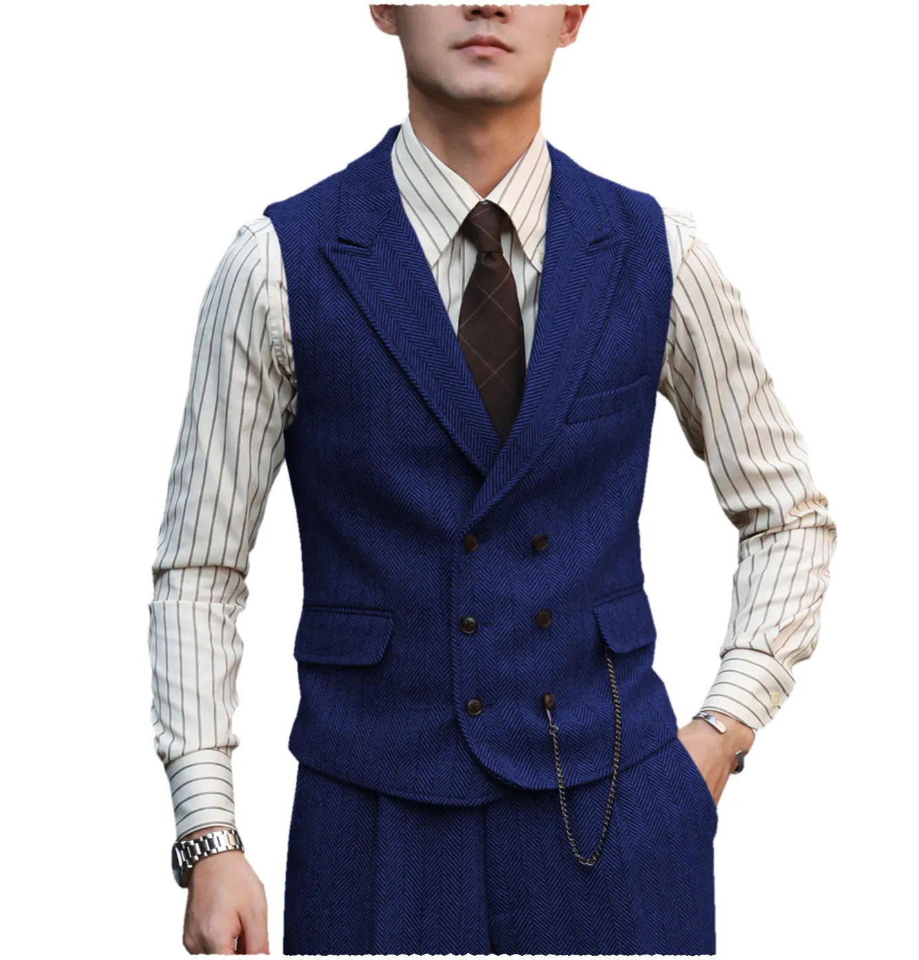 Vintage Classical Men's 2 Piece Suit Herringbone Peak Lapel Tuxedos (Vest Pants)