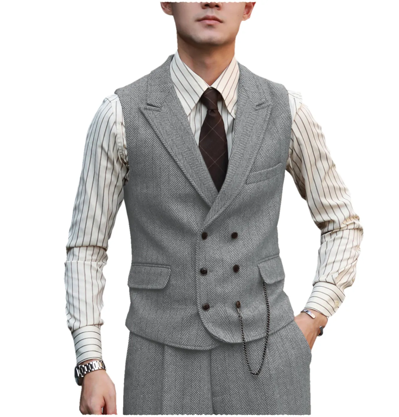 Vintage Classical Men's 2 Piece Suit Herringbone Peak Lapel Tuxedos (Vest Pants)