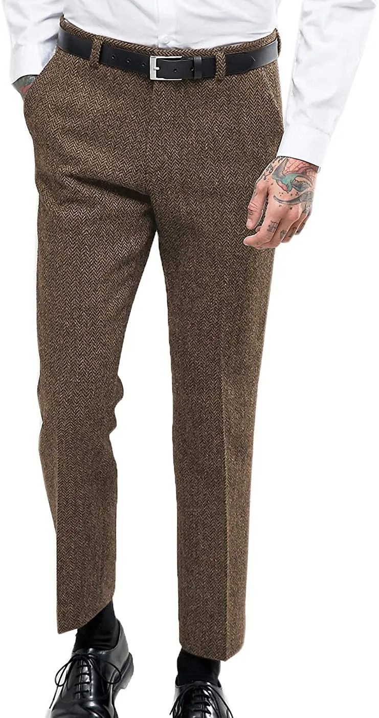 Vintage Classical Men's Suit Pants Herringbone Tweed Trousers