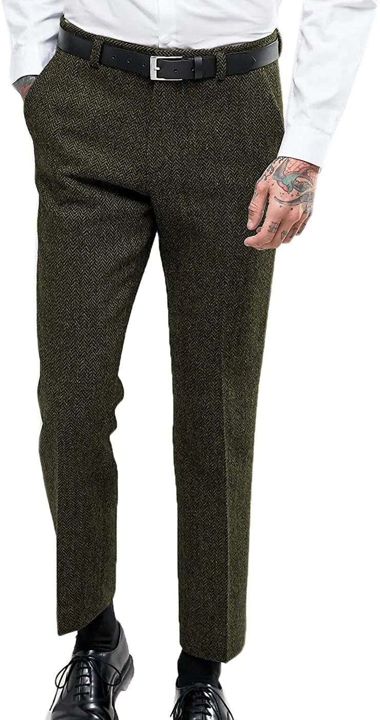 Vintage Classical Men's Suit Pants Herringbone Tweed Trousers