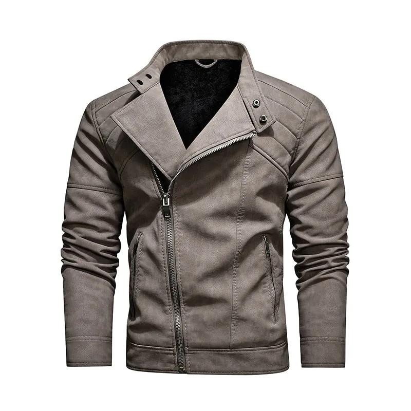 West Louis™ Fleece Warm Diagonal Zipper PU Jacket