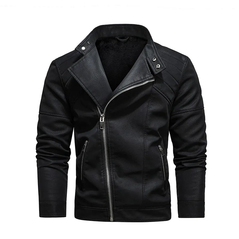 West Louis™ Fleece Warm Diagonal Zipper PU Jacket