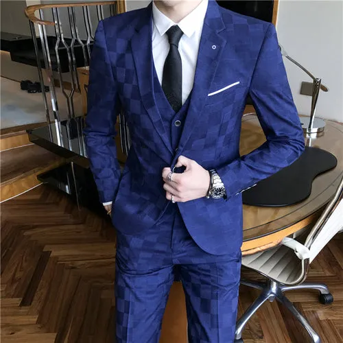 West Louis™ Tailor Business Elegant Plaid 3 Piece Slim Suit