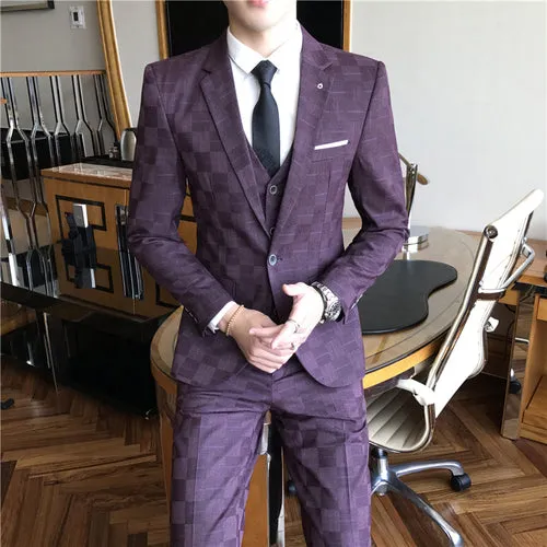 West Louis™ Tailor Business Elegant Plaid 3 Piece Slim Suit