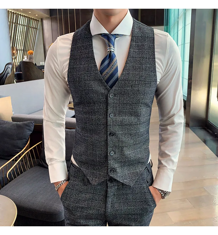 West Louis™ Tailored Men Plaid 3 Piece Suit (Blazer Pants Vest)