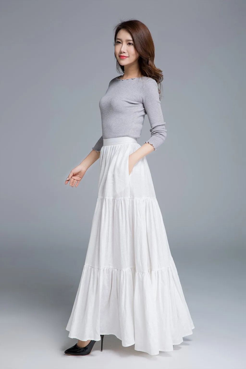 white skirt, linen skirt, full skirt, pleated skirt 1674