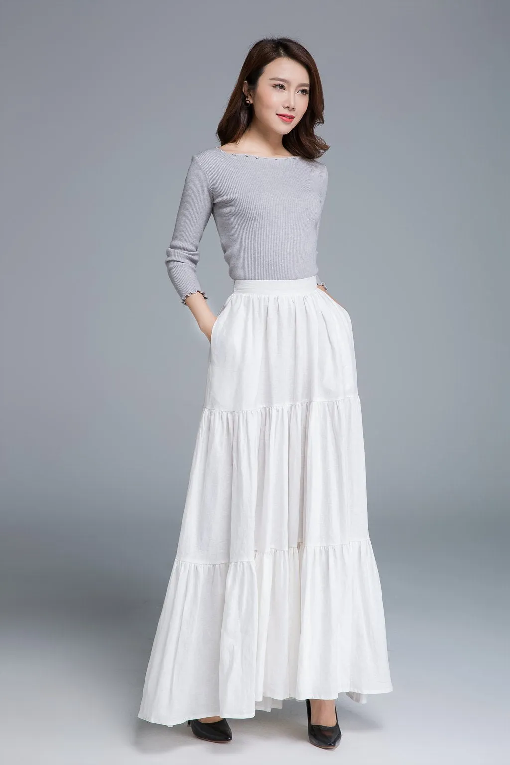 white skirt, linen skirt, full skirt, pleated skirt 1674