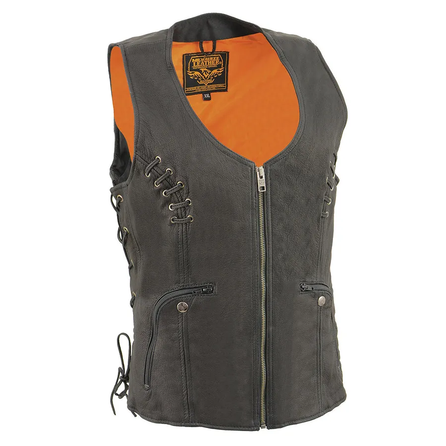 Women’s Black Leather Vest with Lace Accents