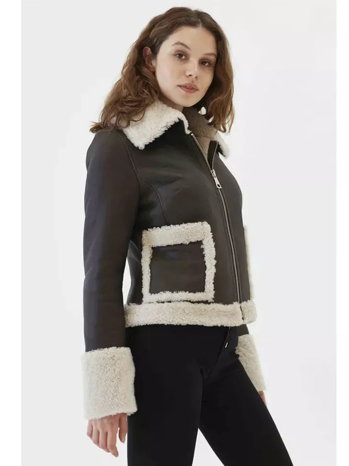 Women’s Black Leather White Shearling Fur Collar Jacket