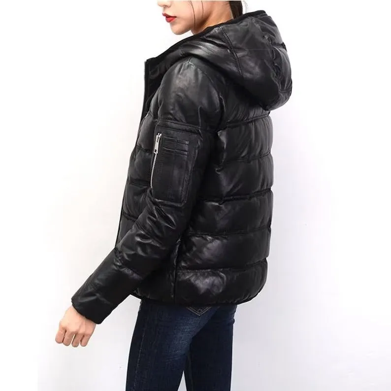 Womens Genuine Leather Puffer Jacket with Hooded