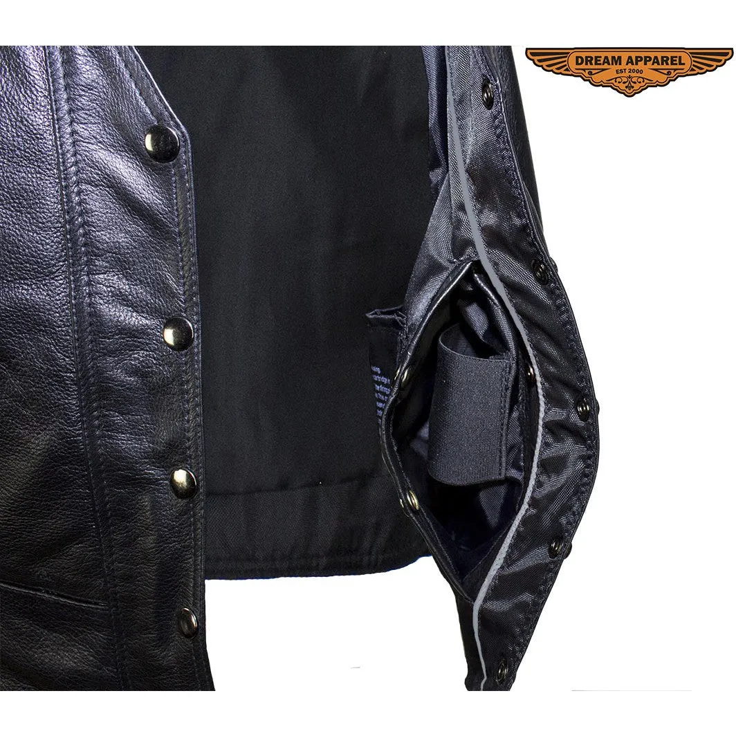 Women's Leather Motorcycle Vest With Concealed Carry Pockets & Side Laces