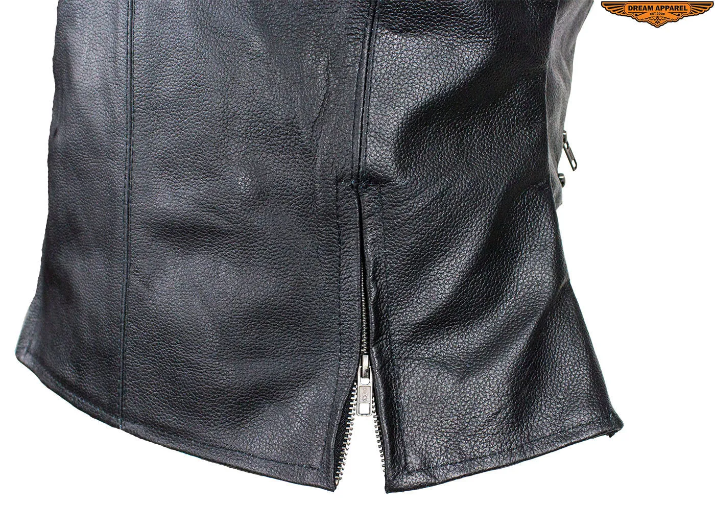 Womens Leather Motorcycle Vest With Two Gun Pockets