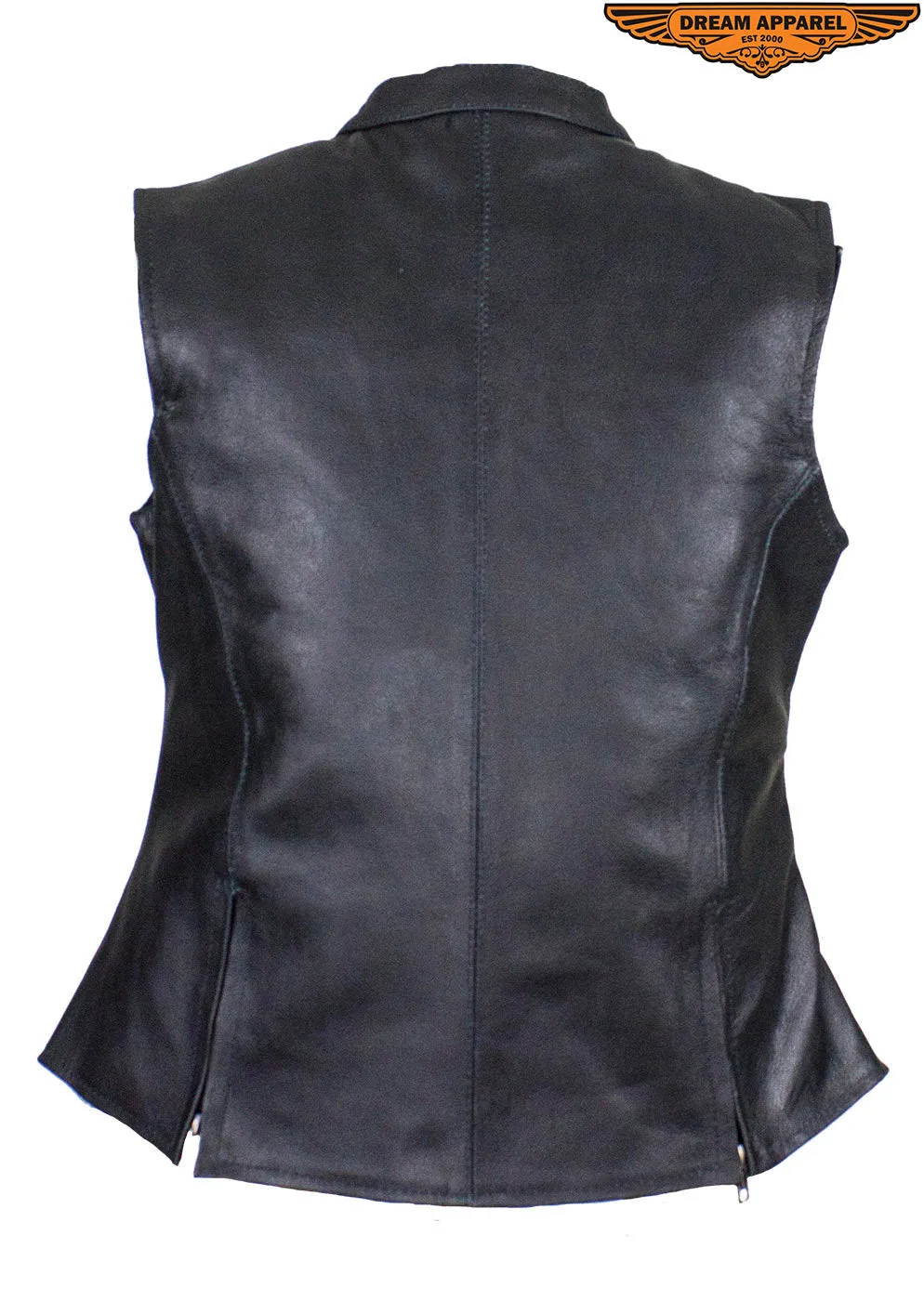 Womens Leather Motorcycle Vest With Two Gun Pockets