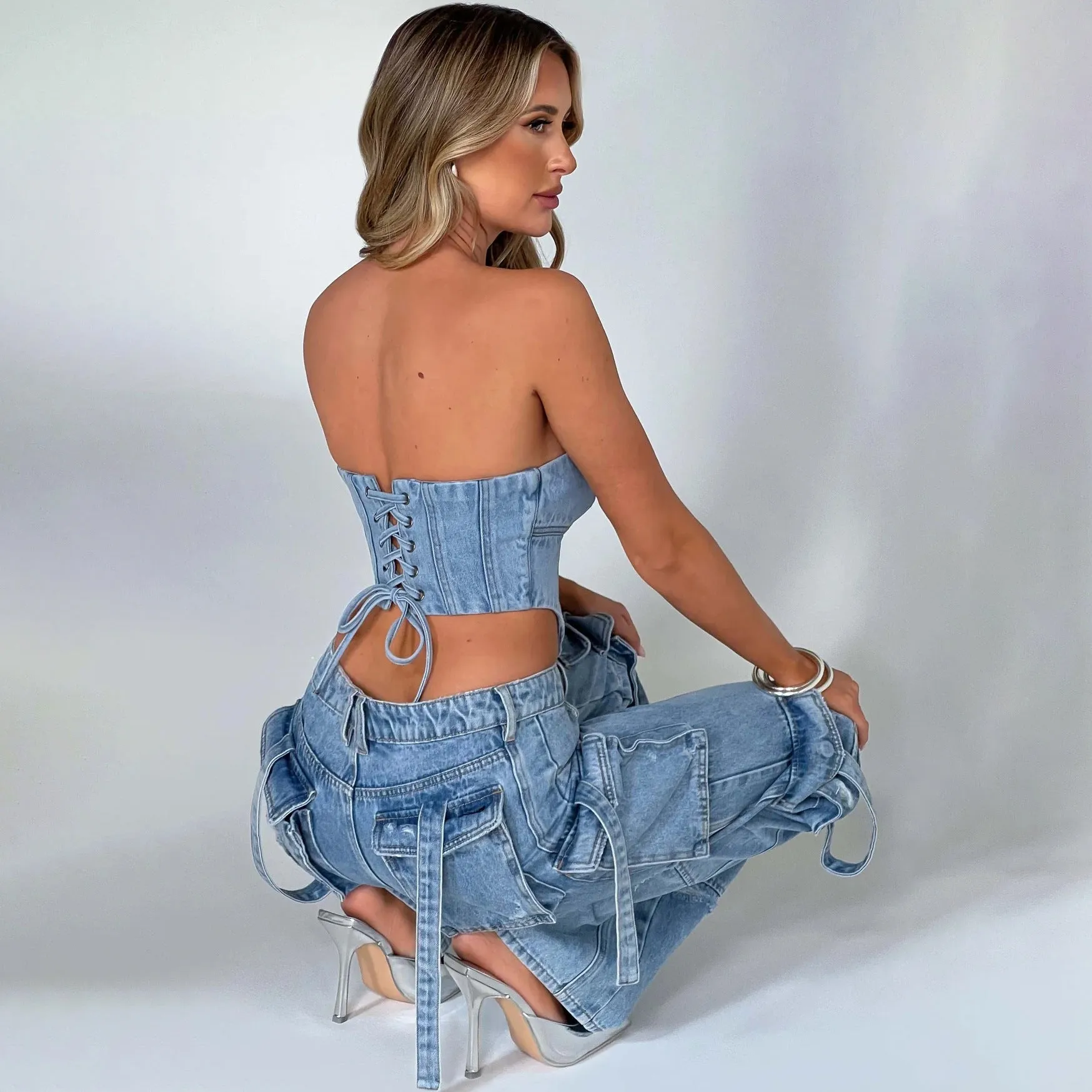 Women's Low Waist Three-dimensional Tube Top And Pocket Stitching Jeans Pants