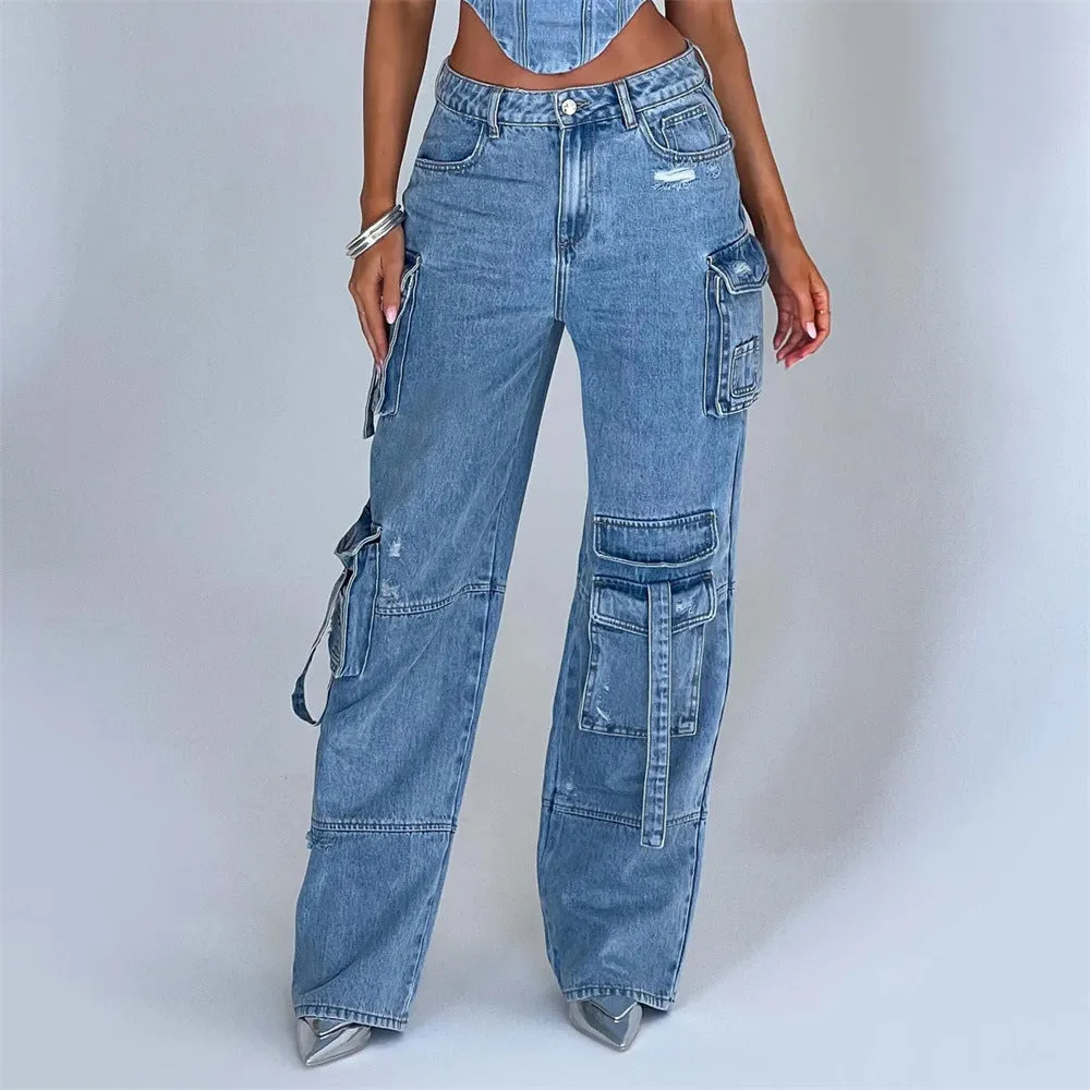 Women's Low Waist Three-dimensional Tube Top And Pocket Stitching Jeans Pants