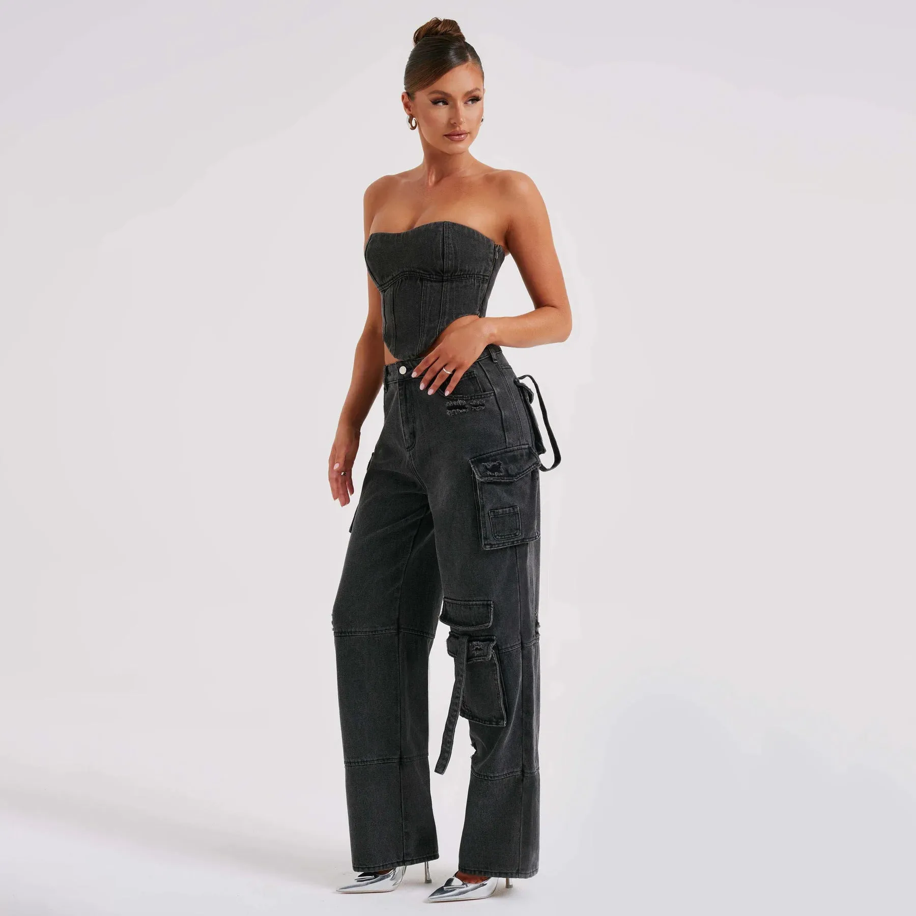 Women's Low Waist Three-dimensional Tube Top And Pocket Stitching Jeans Pants