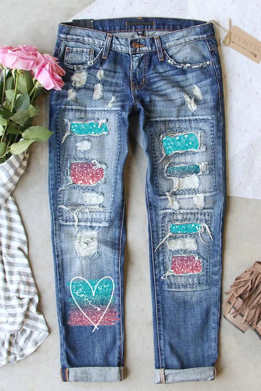 Womens Patchwork Ripped Boyfriend Skinny Distressed Denim Jean Pants