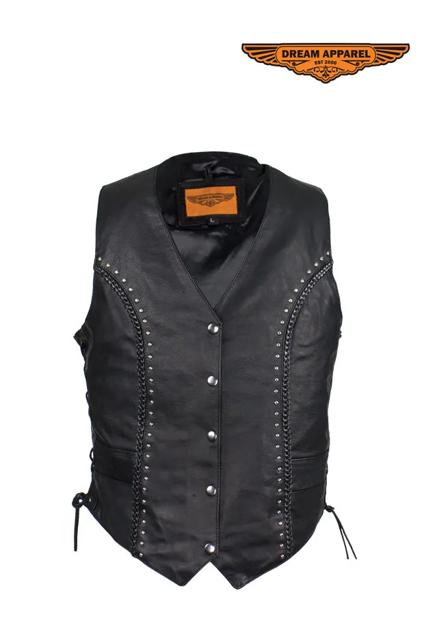 Womens Studded Naked Cowhide Leather Motorcycle Vest W/ Concealed Gun Pockets and Snaps