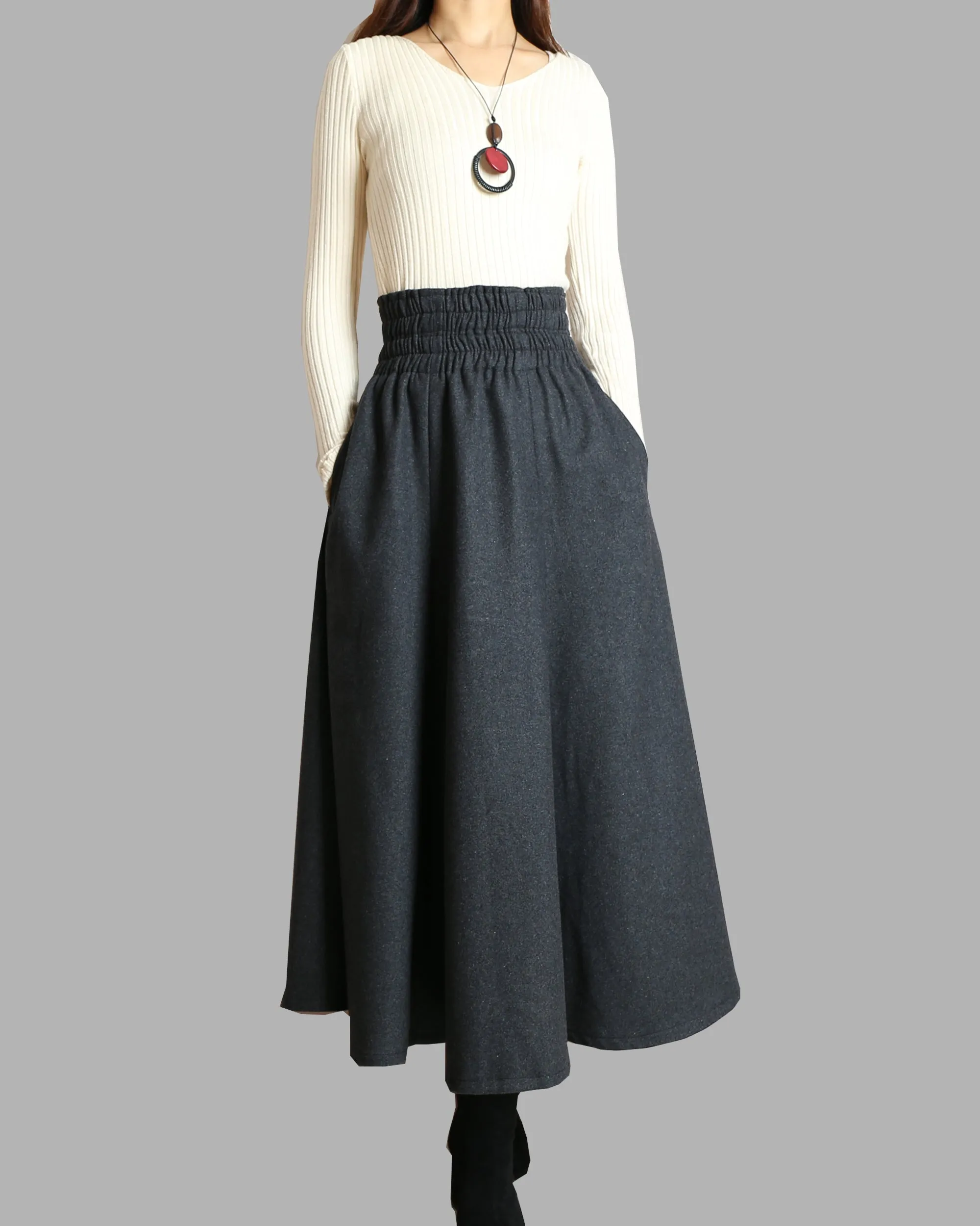 Women's wool skirt/elastic waist skirt/winter skirt/flared skirt/maxi skirt/ankle length skirt(Q1099)