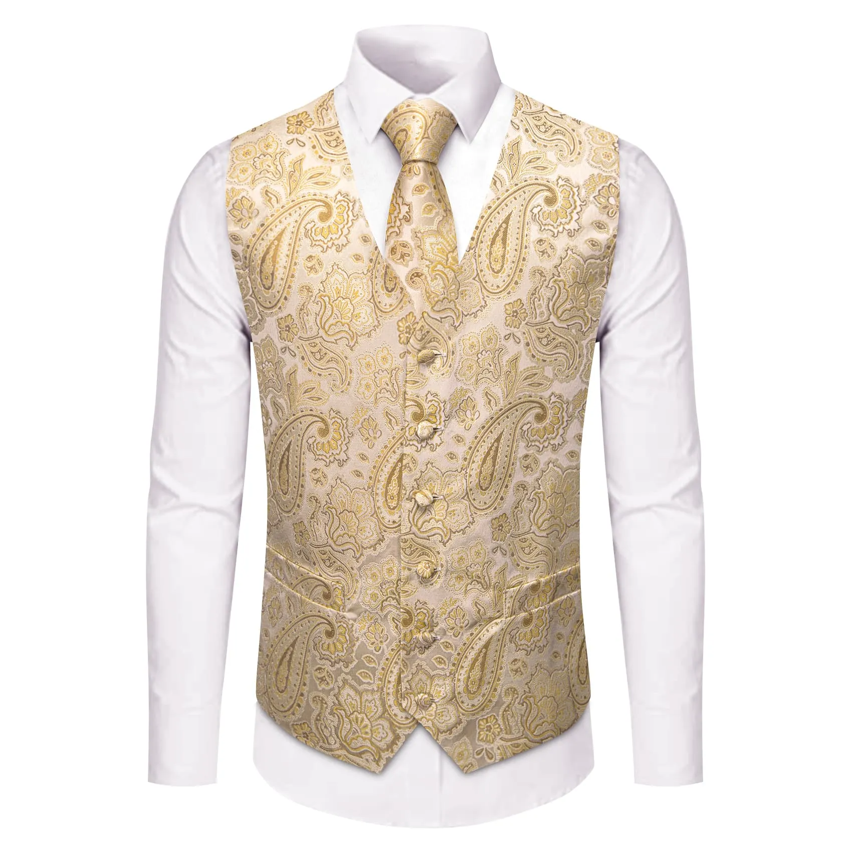 YourTies Champagne V-Neck Waistcoat Beige Men Paisley Vest Necktie Set