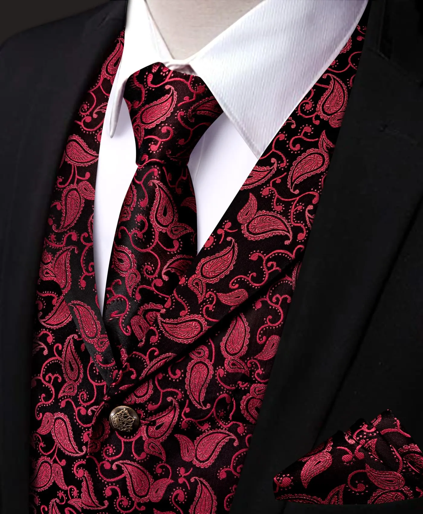 YourTies Deep Carmine Paisley Wedding Waistcoat Silk Vest Necktie Set