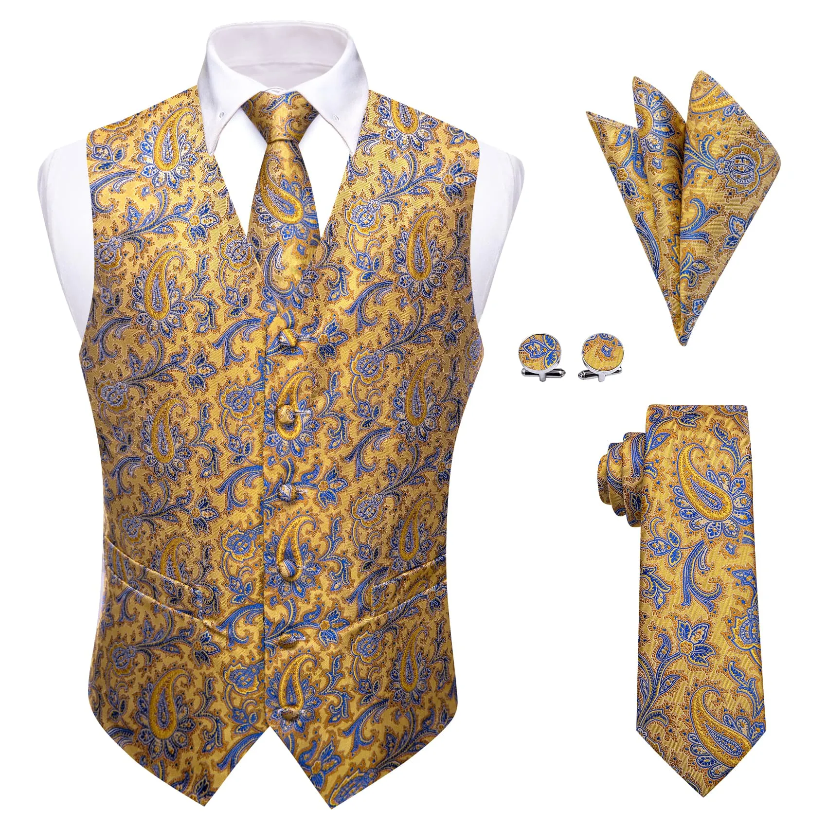 YourTies Light Yellow V-Neck Waistcoat Blue Paisley Vest Necktie Set