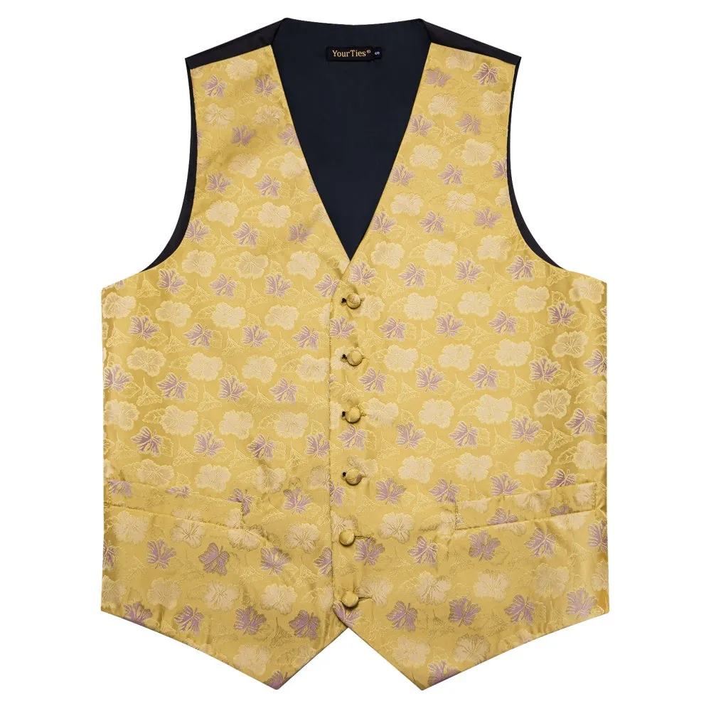 YourTies Yellow Waistcoat Thistle Purple Jacquard Floral V-Neck Vest Tie Set