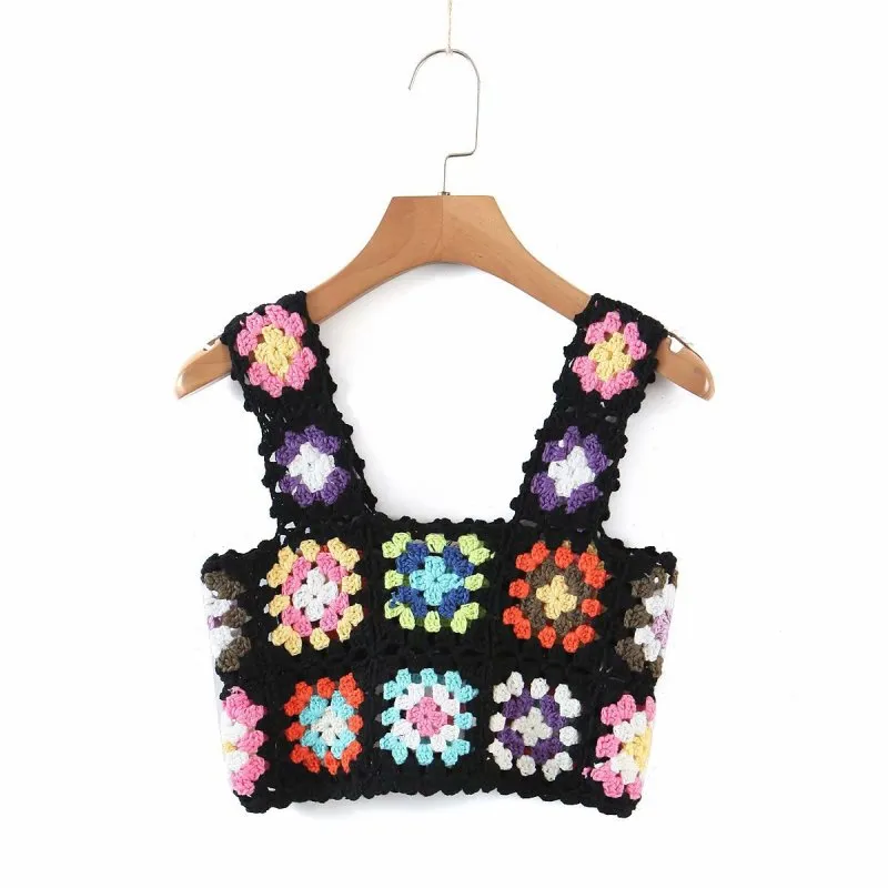 Zaira Fashionable Square Neck Sleeveless Short Sleeve Crochet Hollow Vest